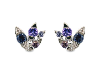 Blue Gem & Diamond Fan Earstuds in 9ct White Gold