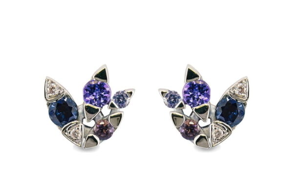 Blue Gem & Diamond Fan Earstuds in 9ct White Gold