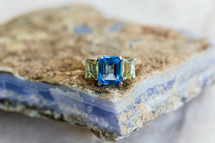 Blue topaz and lemon quartz ring