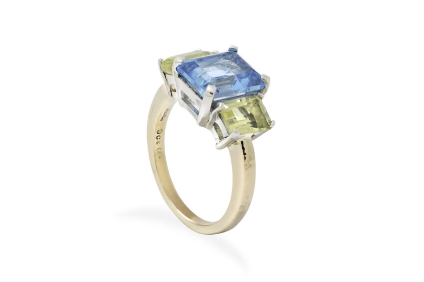 Blue topaz and lemon quartz ring in 9ct gold and silver
