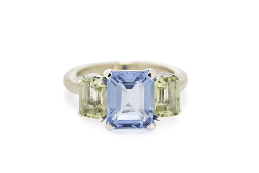 Blue topaz and lemon quartz ring in 9ct gold and silver